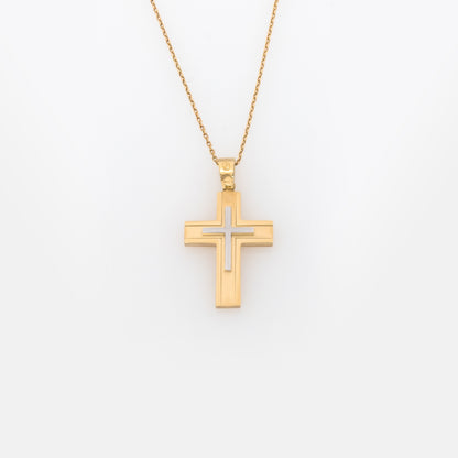 Yellow Gold 14K Flat Two-Tone Cross with White Gold Center – Polished & Matte Finish