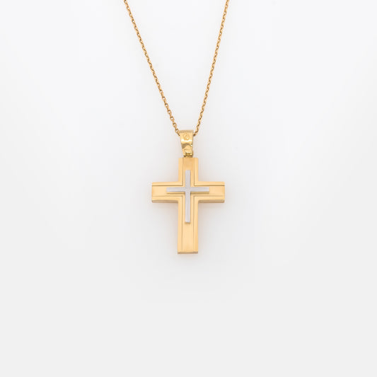 Yellow Gold 14K Flat Two-Tone Cross with White Gold Center – Polished & Matte Finish
