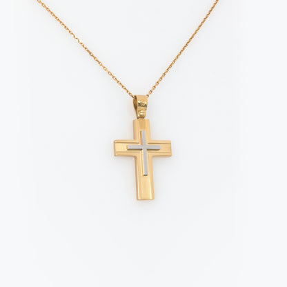 Yellow Gold 14K Flat Two-Tone Cross with White Gold Center – Polished & Matte Finish