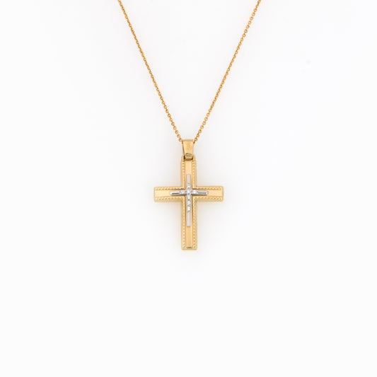 Two-Tone Solid Gold Cross Milgrain Pendant with CZ Accents