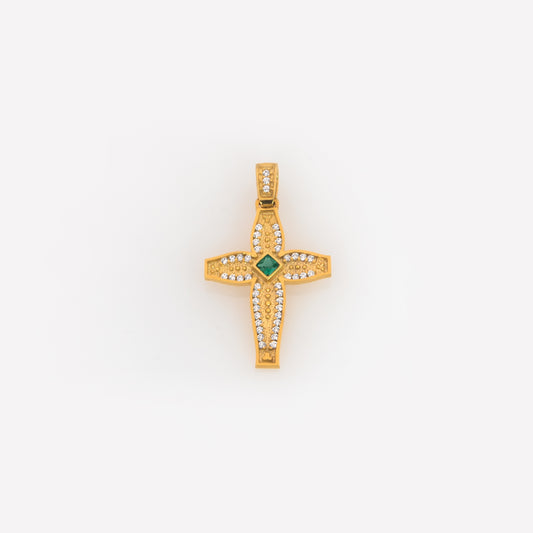 14K Yellow Gold Vintage Cross Pendant – Milgrain & CZ with Colorful Center Stone