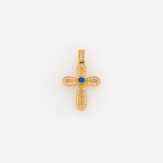 14K Yellow Gold Cross Pendant – Rounded Vintage Cross with CZ & Colorful Gemstone