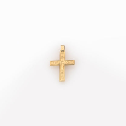 Bicolor-Kreuzanhänger aus massivem Gold – Matte und polierte Oberfläche mit Gravur der Taufe Christi