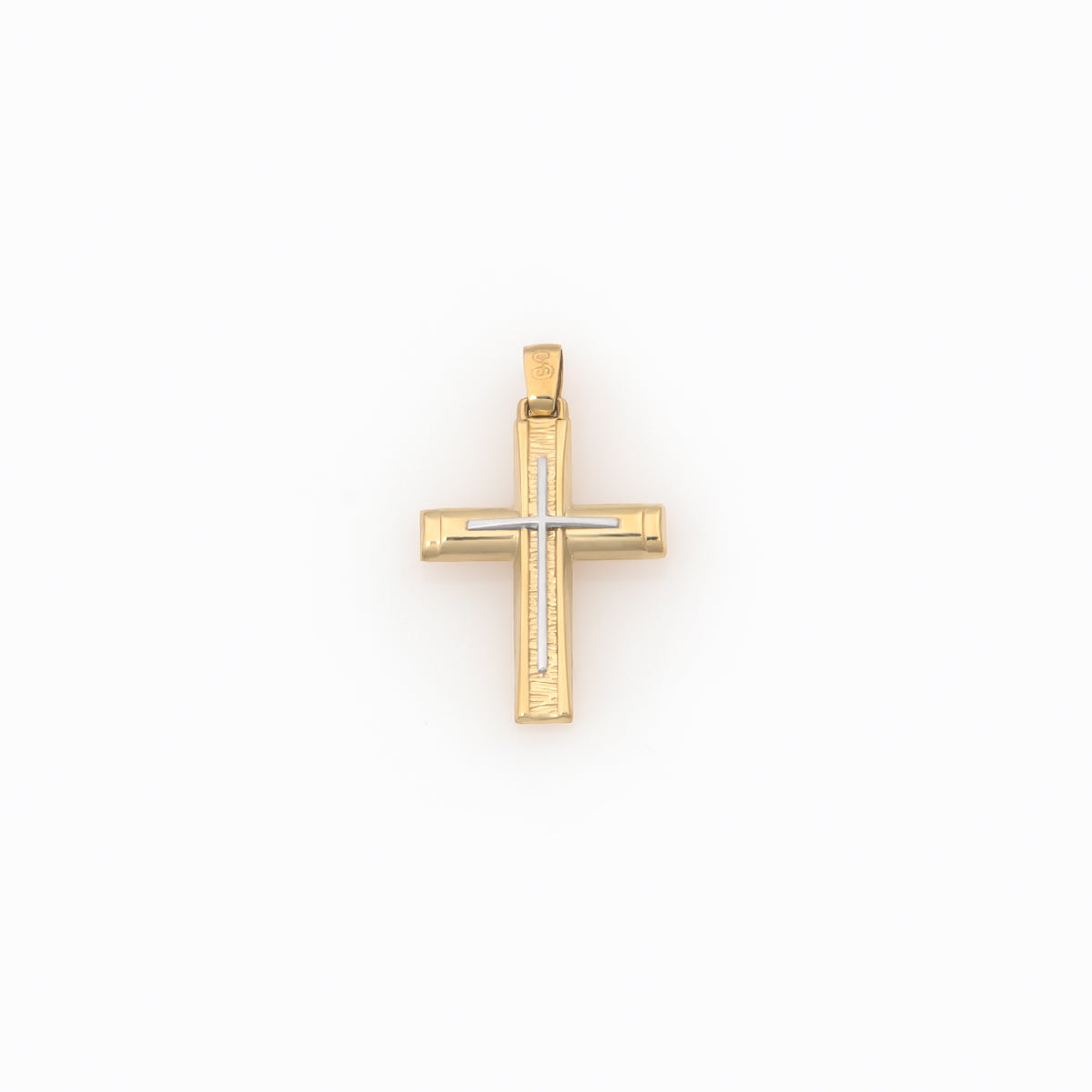Bicolor-Kreuzanhänger aus massivem Gold – Matte und polierte Oberfläche mit Gravur der Taufe Christi