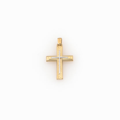 Bicolor-Kreuzanhänger aus massivem Gold – Matte und polierte Oberfläche mit Gravur der Taufe Christi