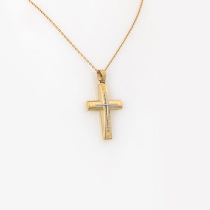 Bicolor-Kreuzanhänger aus massivem Gold – Matte und polierte Oberfläche mit Gravur der Taufe Christi