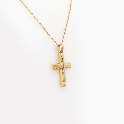 Bicolor-Kreuzanhänger aus massivem Gold – Polierte Mitte mit matten Kanten und Gravur der Taufe Christi